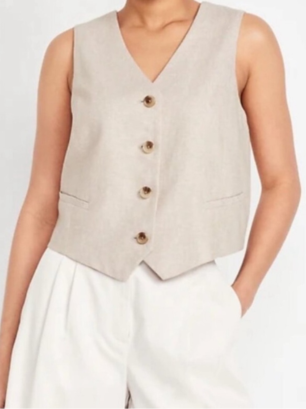Old Navy linen blend vest button women’s large beige tan cream neutral v neck